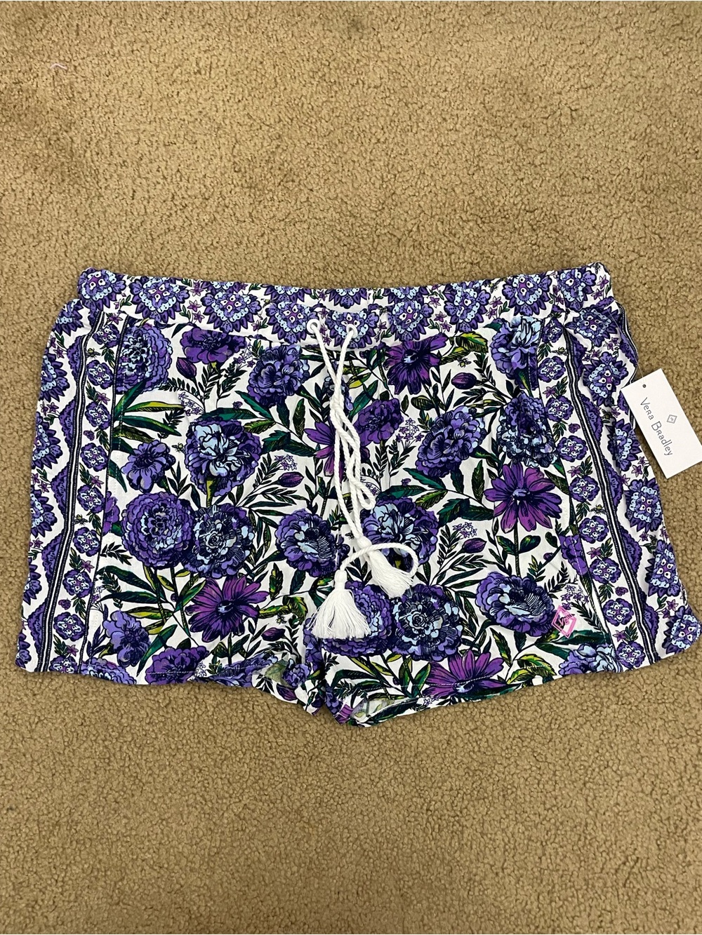 Vera Bradley Purple and White Floral Elastic Waist Shorts size large